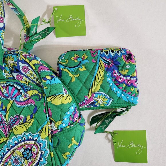 NWT Vera Bradley Bowler Bag w/ Coin Purse Green Purse Discontinued Retired Rare - Picture 2 of 5